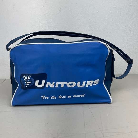 Vintage Travel Bag Unitours Blue Panam Style Shoulder Strap Vacation Flight 70s - Picture 2 of 12